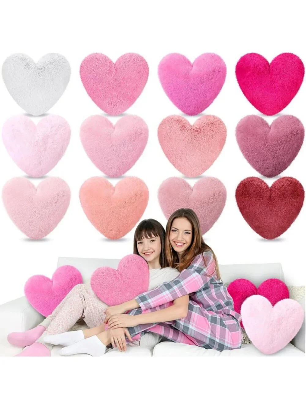 Cute Pink Heart Pillows Set of 12 | Soft Faux Fur Throw Cushions for Home Decor